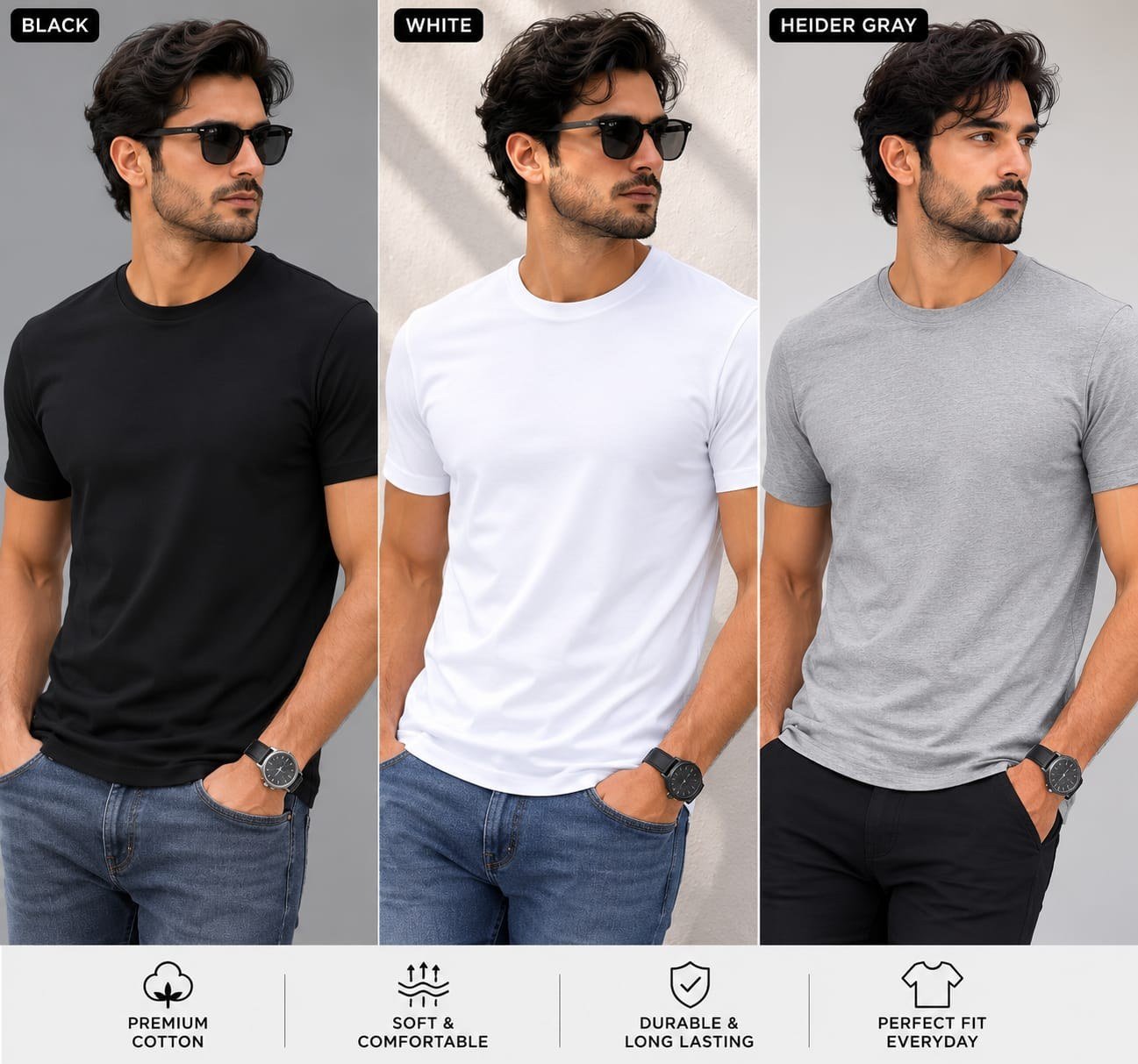 RODE white /Heather Grey and Black Classic Crew Neck T-Shirt